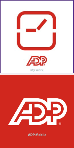 Two graphics are stacked vertically. The top graphic is white with red text that says "ADP My Work" below a clock, and the bottom graphic is red with white text that says "ADP Mobile."