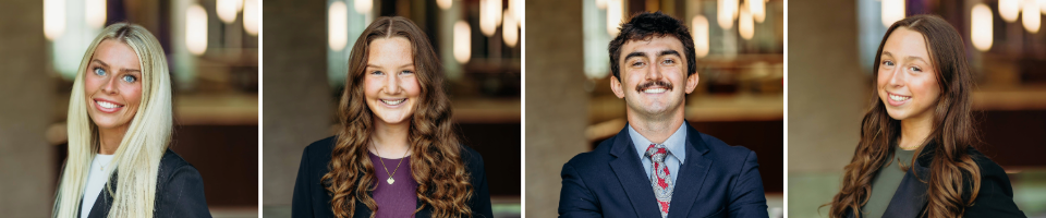 Four business students in a collage smile for professional headshots.