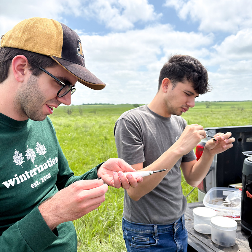 Two students in the REEVES program collect samples on cattle pastures and look at them at the back of a truck. 