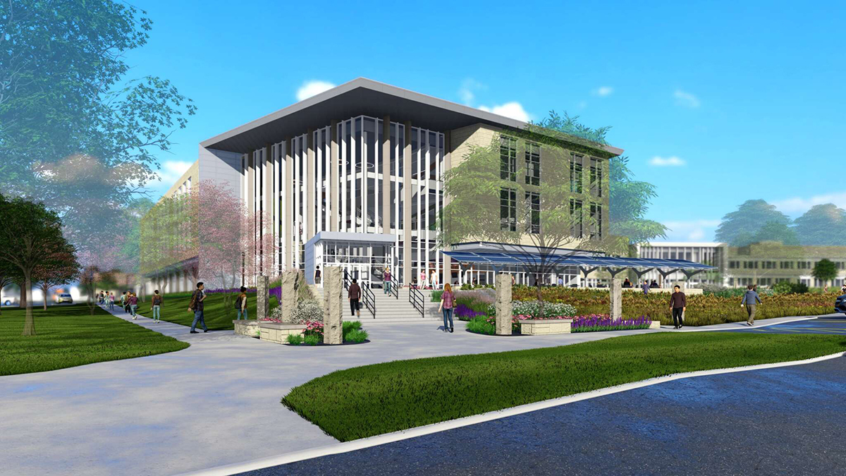 A 3D rendering shows a glass-walled college building on a sunny day.