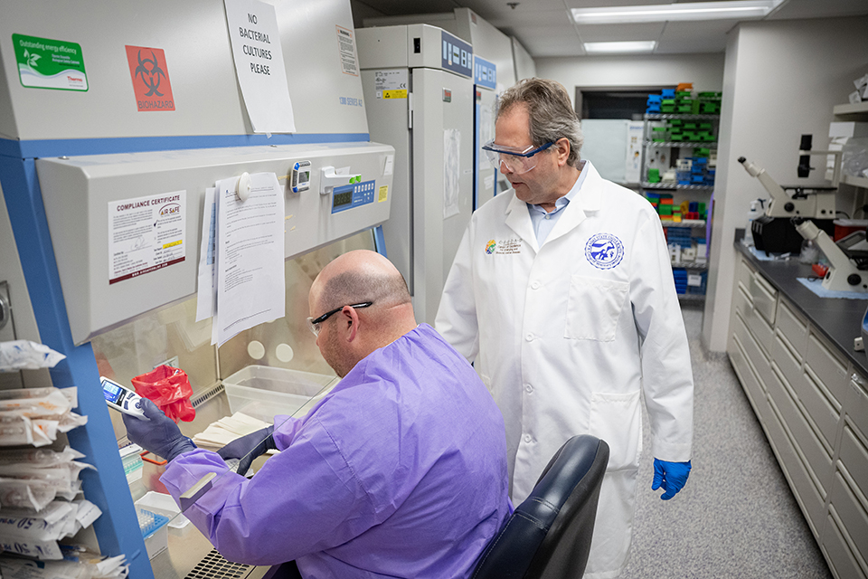 A veterinary researcher in a white lab coat stands over a doctoral researcher in a purple labcoat as the doctoral researcher works with samples under a hood.