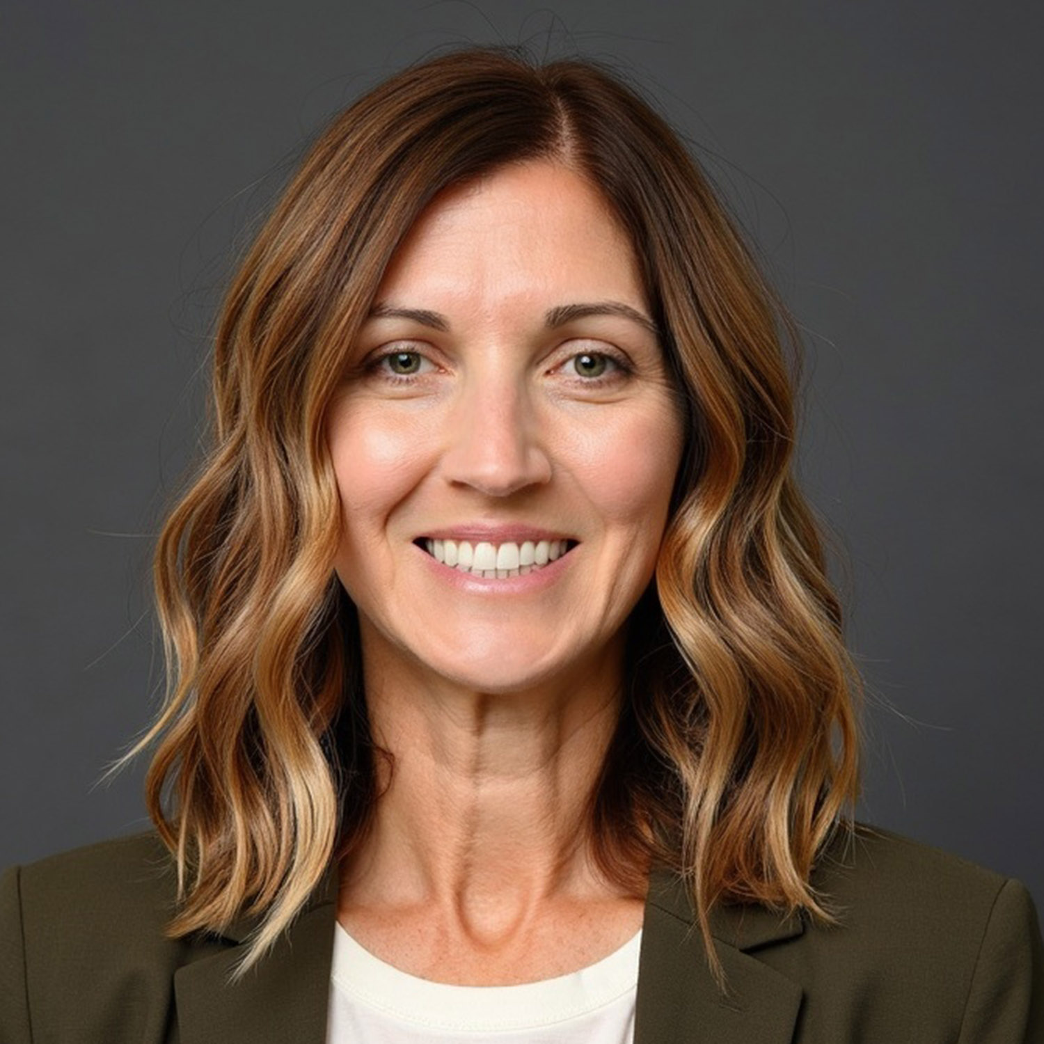 A woman with shoulder-length light brown, wavy hair smiles while wearing a dark olive green blazer and white shirt.