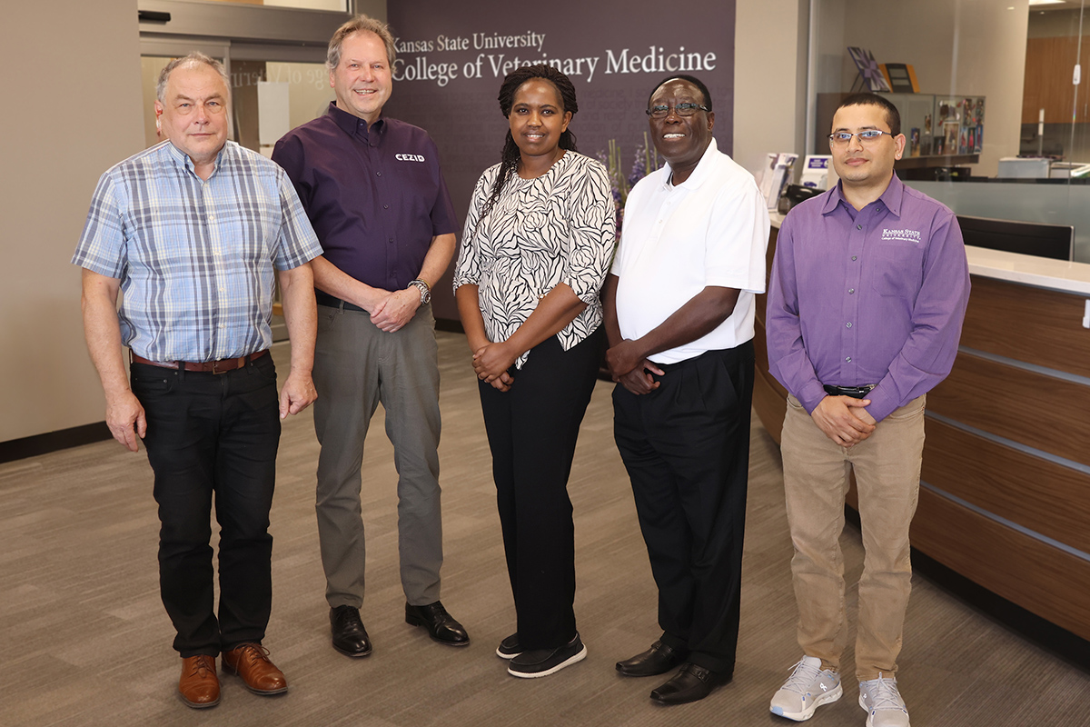 Four faculty researchers and a graduate researcher stand in a line and smile for a portrait in a research office.