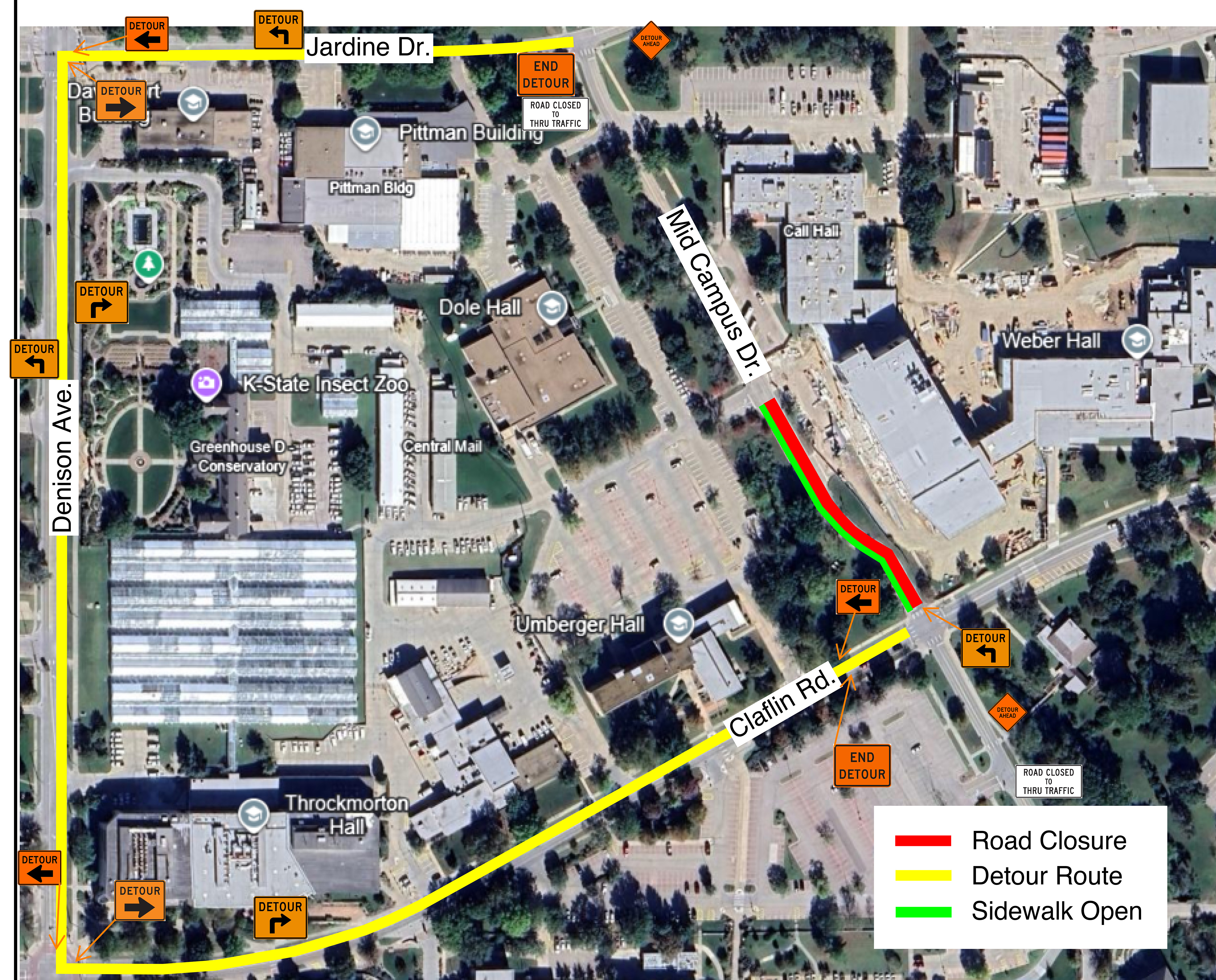Map of Kansas State University’s Manhattan campus highlighting a section of Mid-Campus Drive marked in red to indicate a temporary road closure and show alternate routes. 