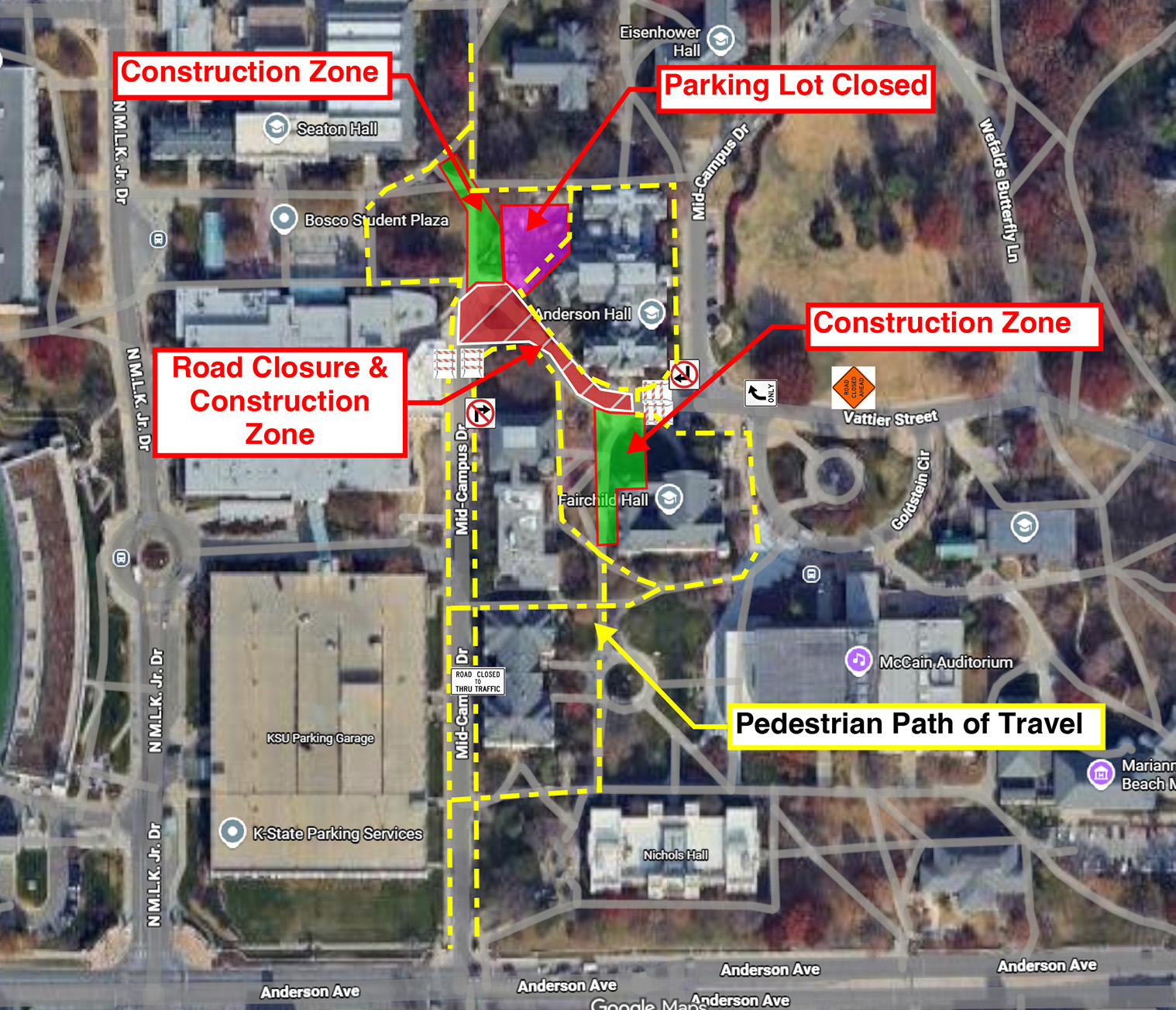 Map of Kansas State University’s Manhattan campus highlighting a section of Mid-Campus Drive marked in red to indicate a temporary road closure and show alternate routes.