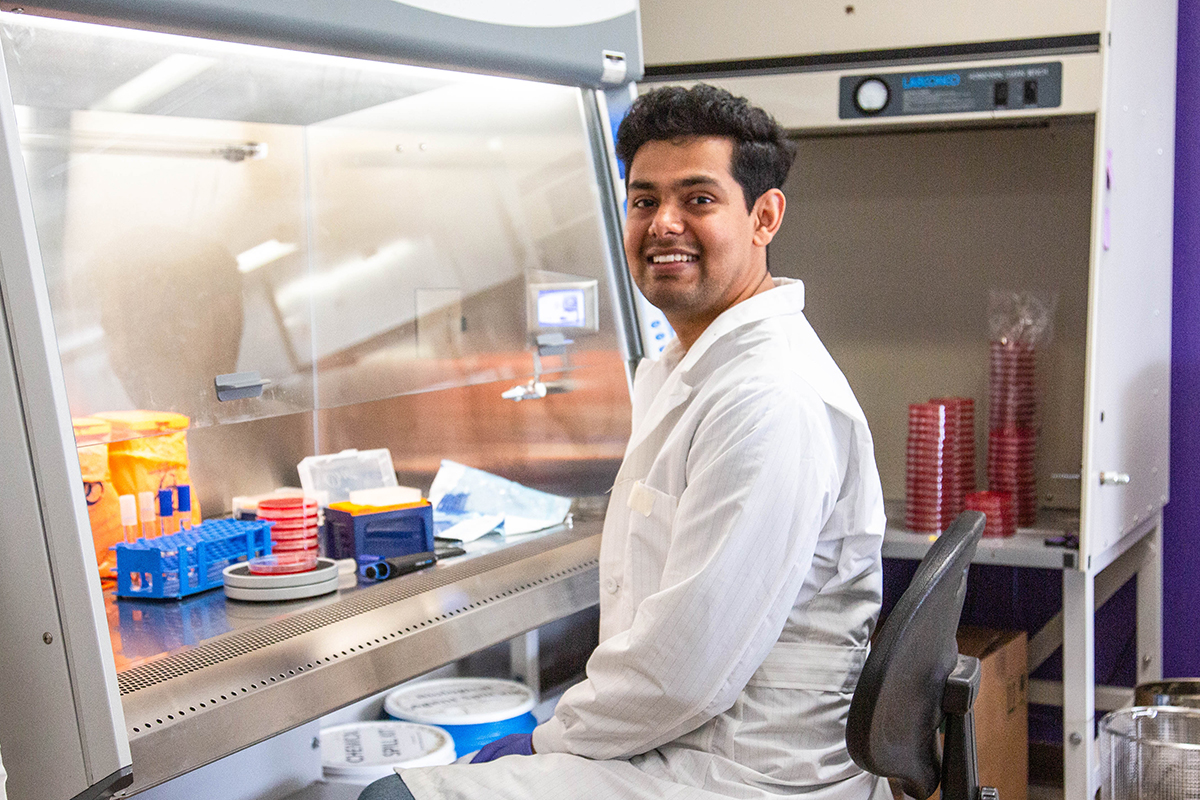 A male doctoral researcher wears a white lab coat and sits at a research laboratory's hood.