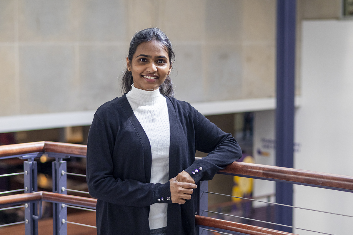 Vidya Narar poses for a portrait in a Union courtyard.