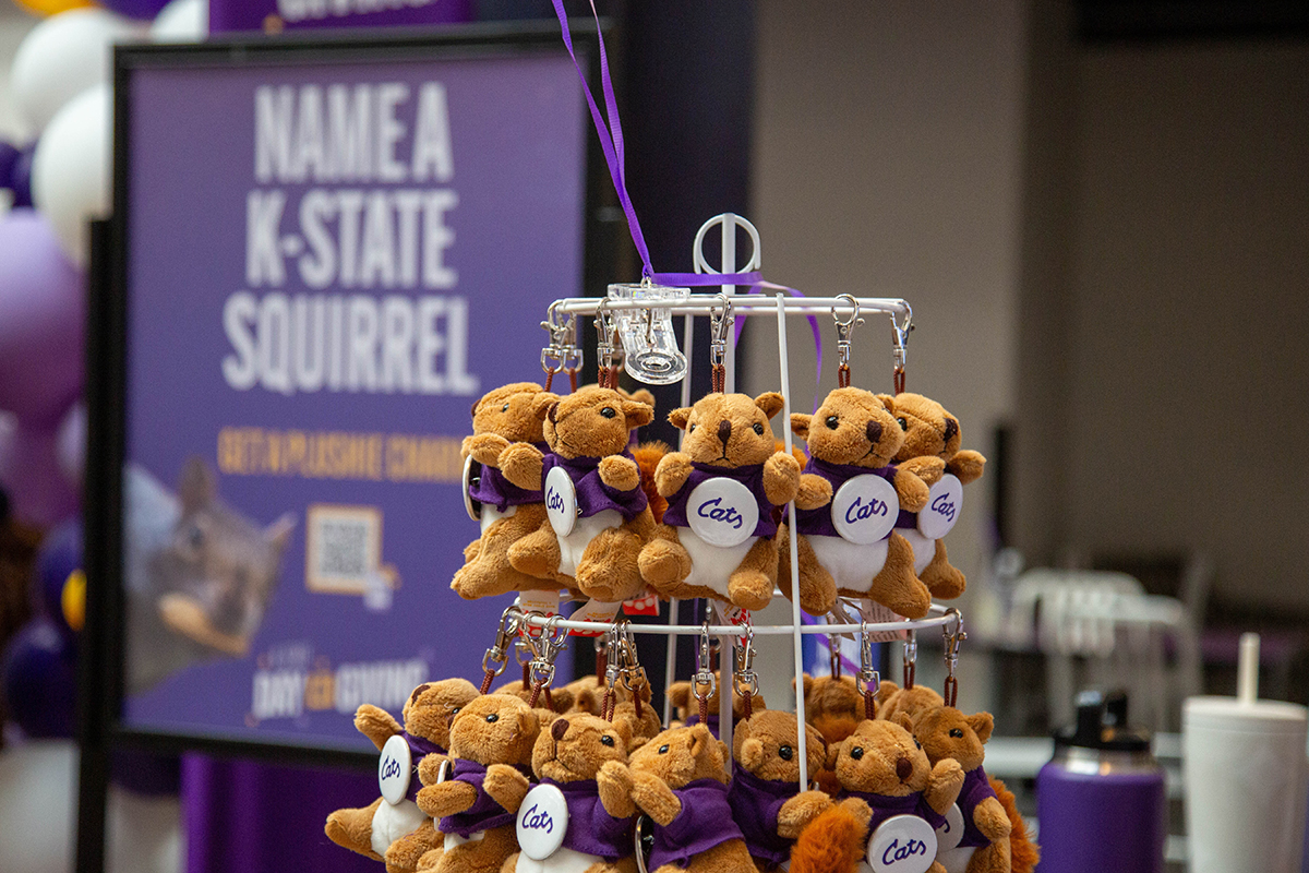 Tiered display stand holding multiple plush squirrel keychains wearing purple ribbons and white bibs with "Cats" logo, positioned in front of a purple "Name a K-State Squirrel" sign with purple and white balloons visible in the background.