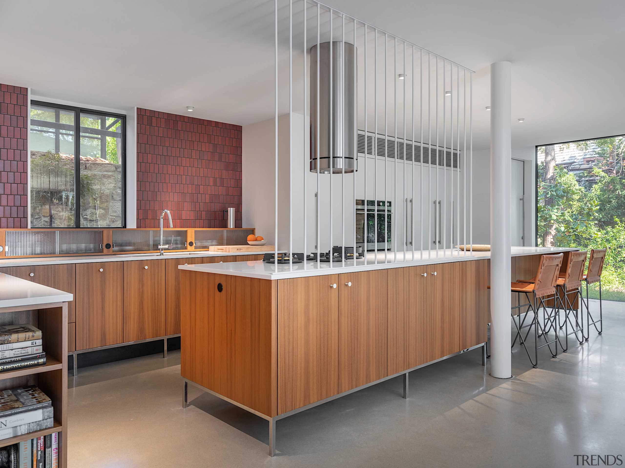 An architecture mock-up of a Mid-Century Modern kitchen.