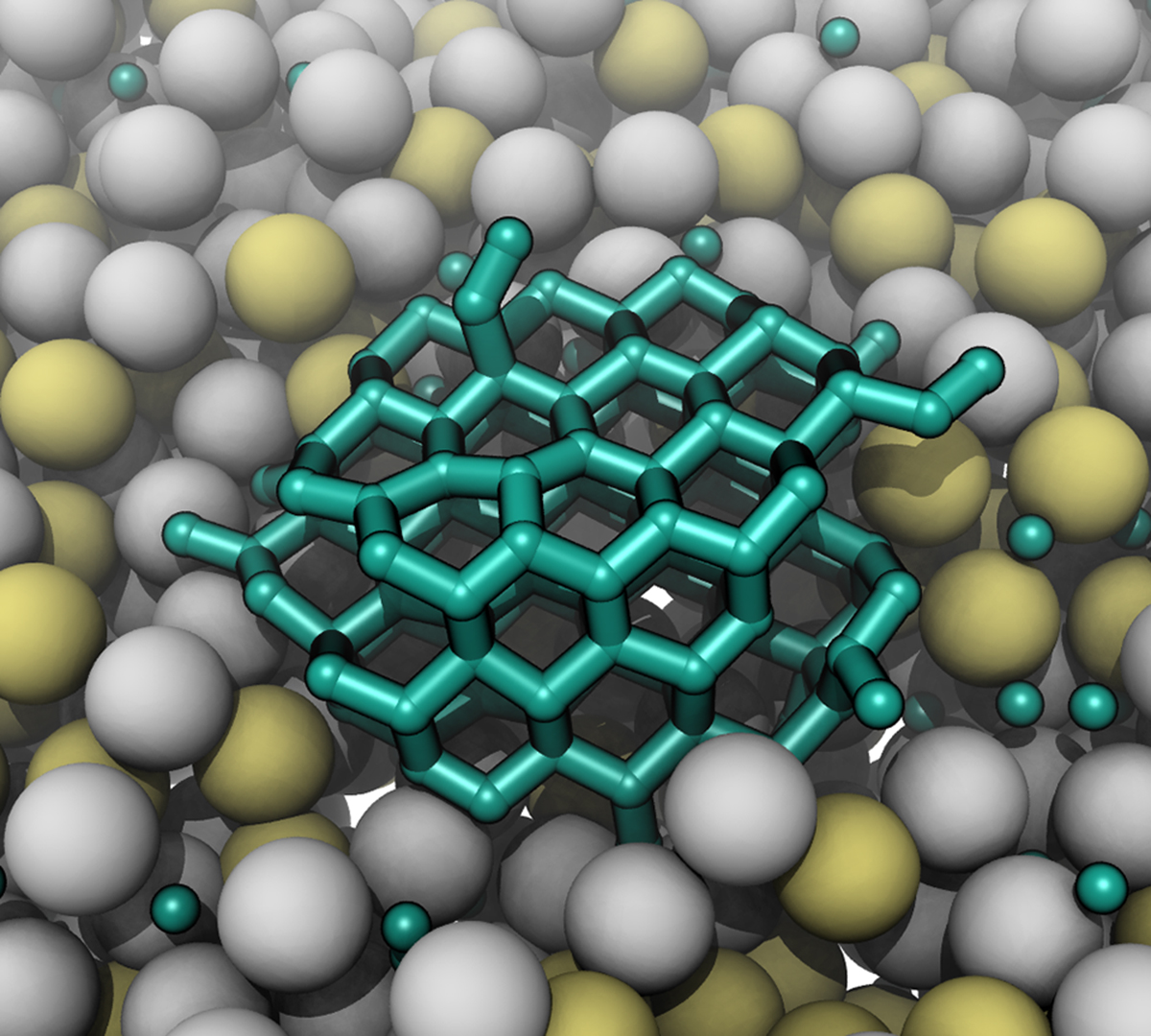 A rendering of diamond nucleates on molten metal solutions shows gray and yellow spheres and a teal structure in the middle with smaller teal spheres spread throughout.