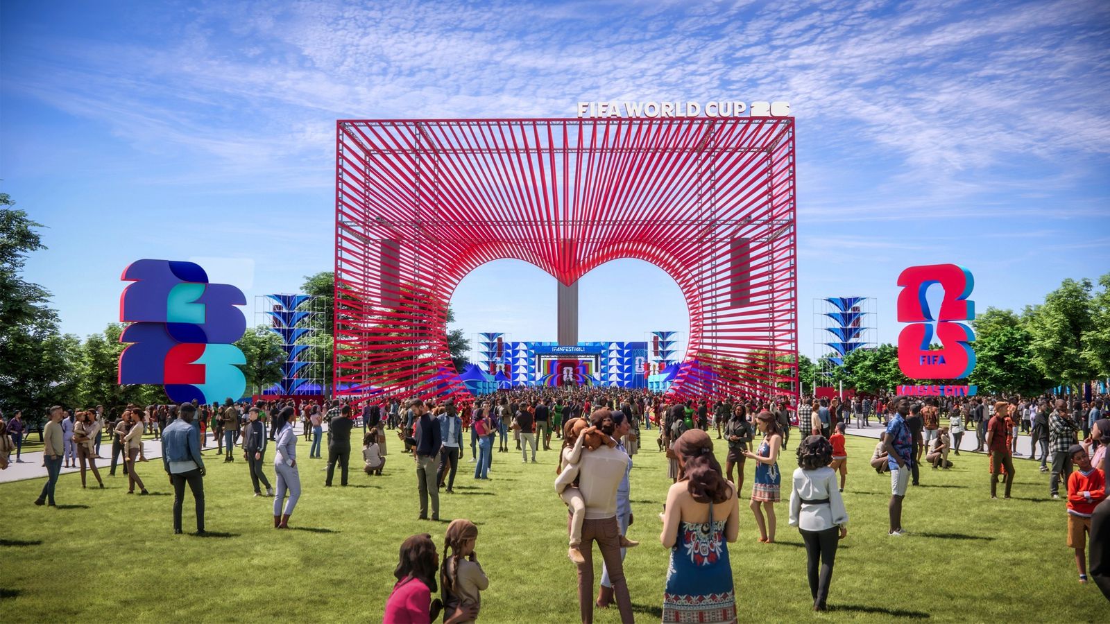 An outdoor fan festival for FIFA World Cup 26 in Kansas City features lots of people walking around on grass surrounded by FIFA decorations centered around a large red structure making a heart that participants can walk through in the middle.