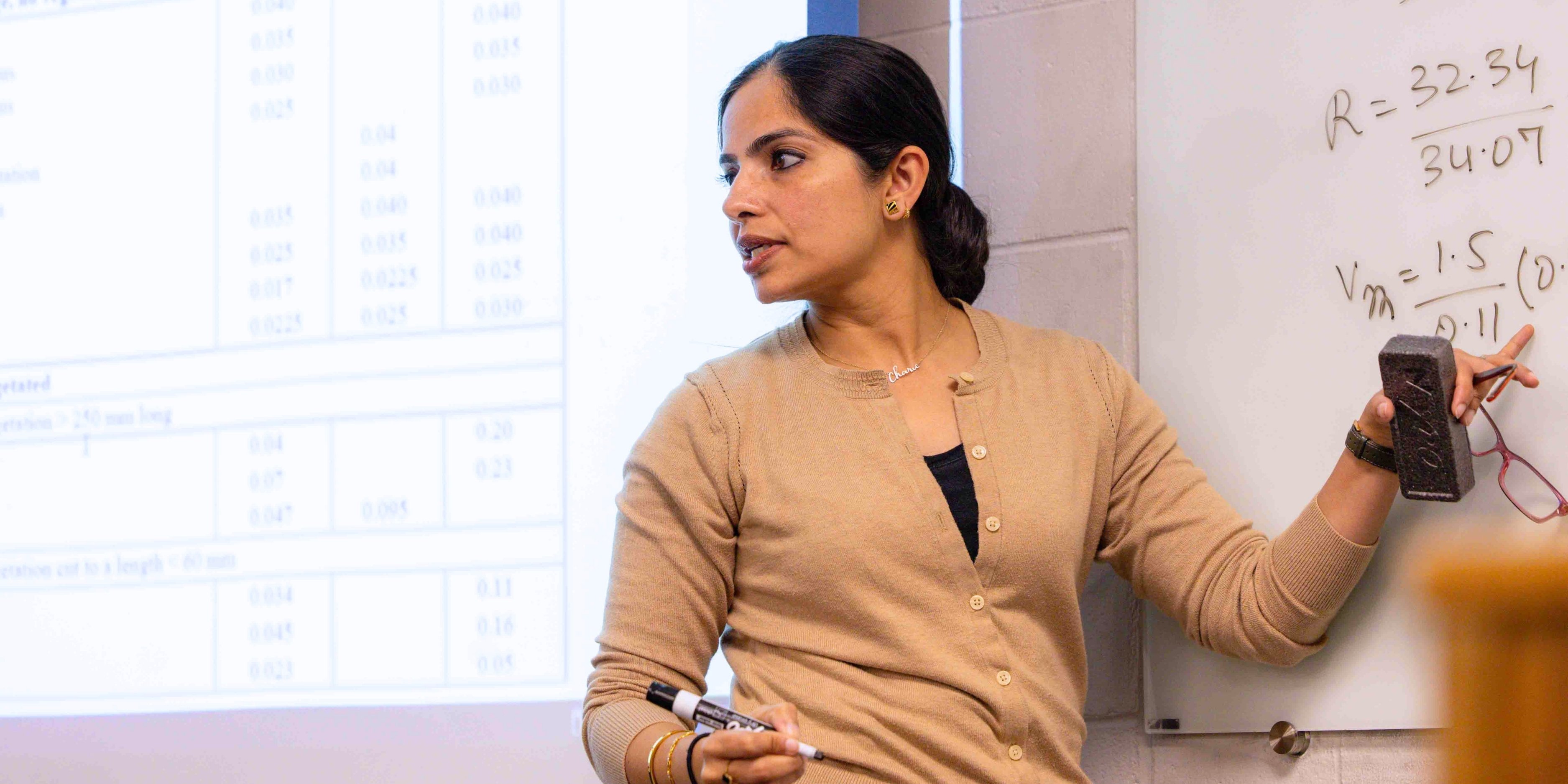 Vashali Sharda, wearing a tan cardigan, points to a whiteboard while teaching in her classroom