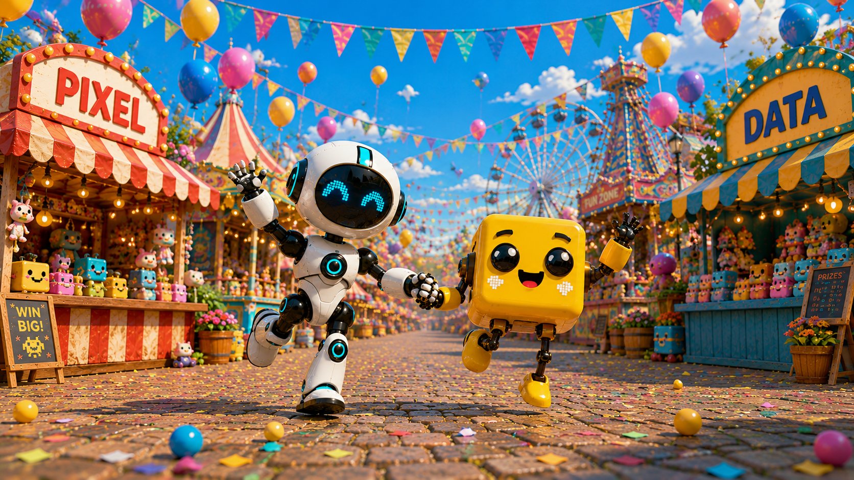 A small blue and white robot holds hands with a small, yellow square robot as they both walk through a carnival atmosphere. 