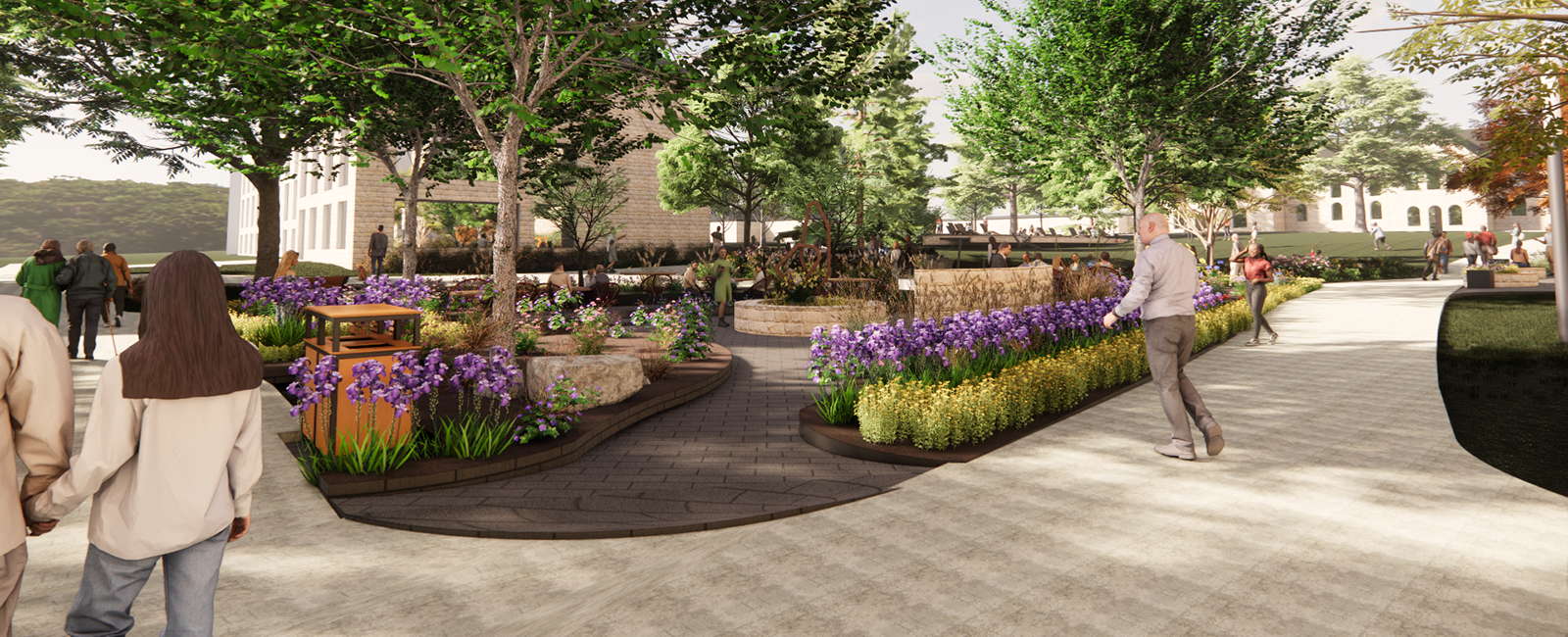 A 3D rendering shows an outdoor patio and study space on a college campus.