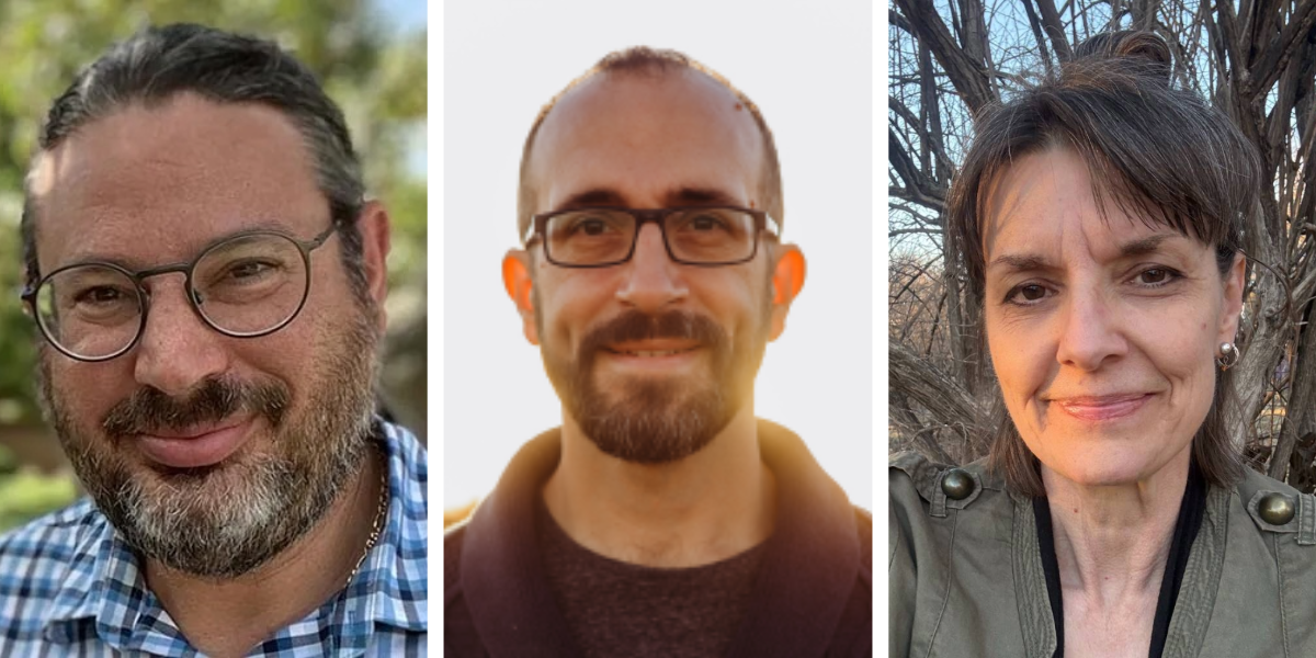 A photo collage of three portraits. A man in glasses and a blue check shirt, a man in glasses in a brown sweater, and a woman with brown hair in a bun wearing a green canvas jacket.
