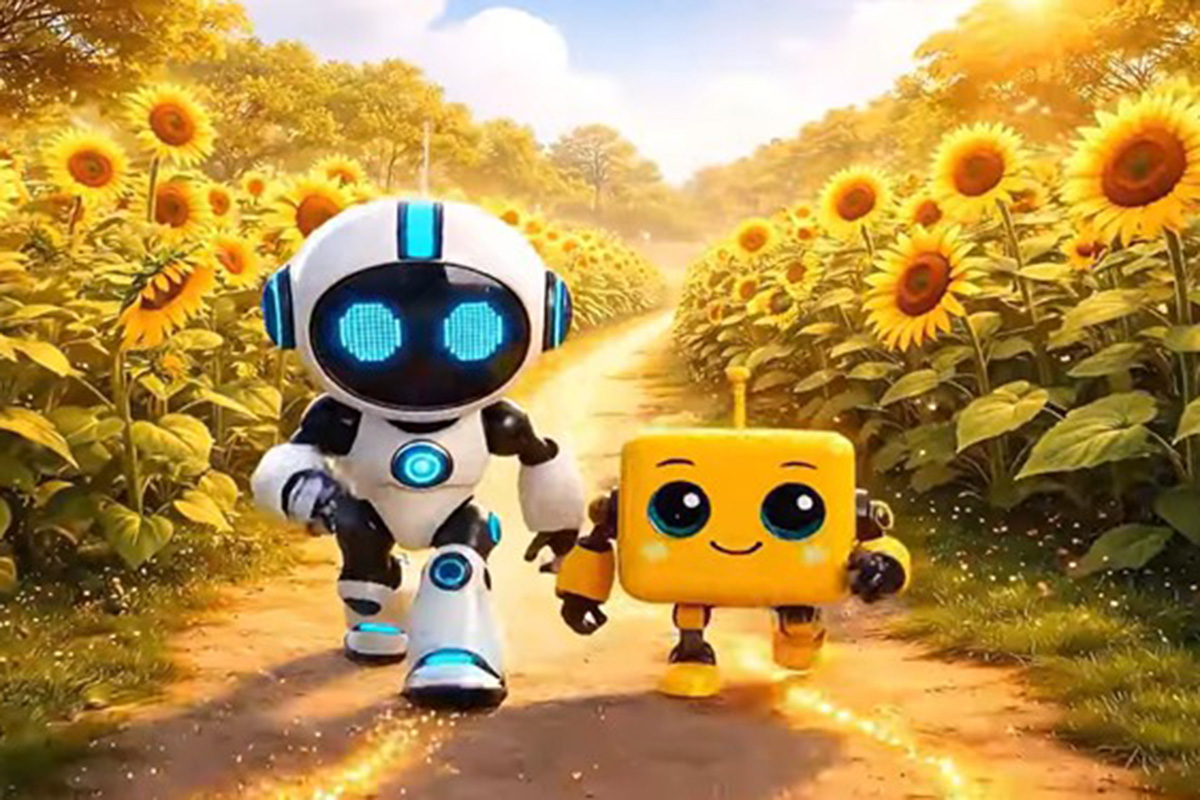 A small blue and white robot holds hands with a small, yellow square robot as they both walk through a carnival atmosphere. 