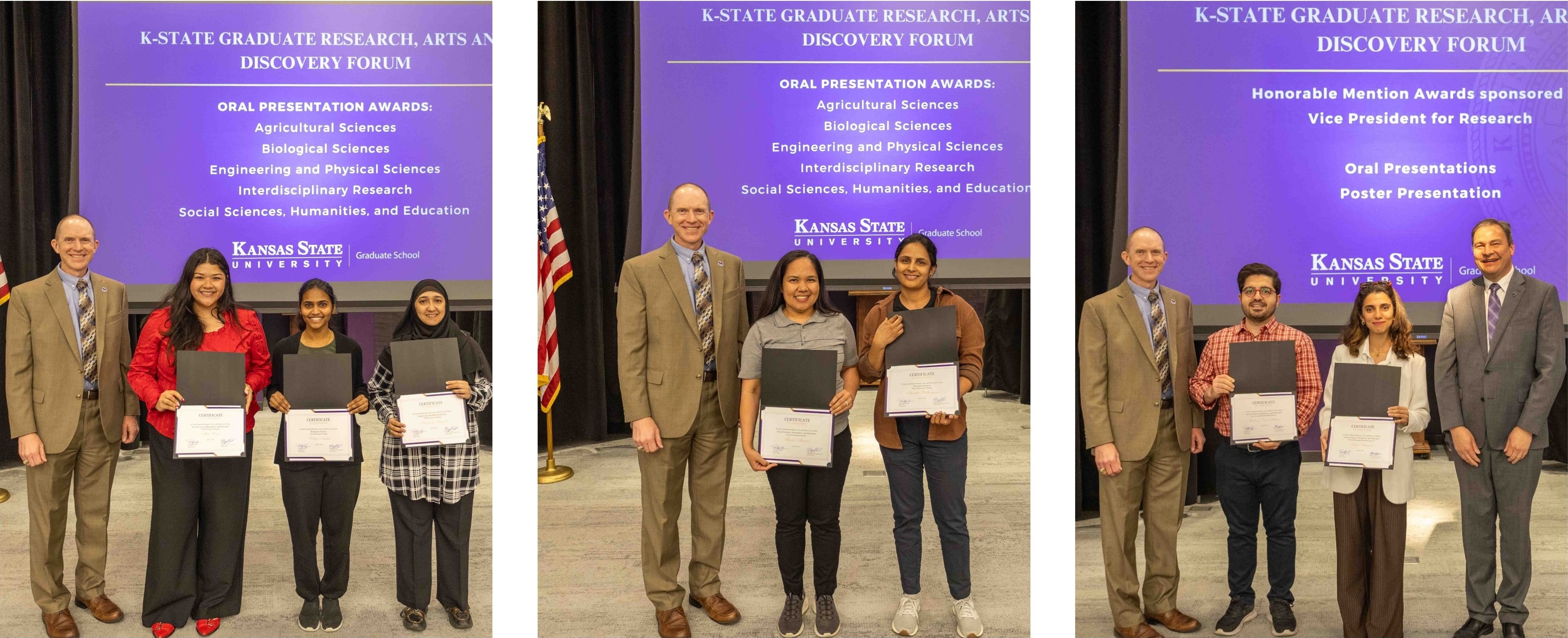 Three groups of awardees pose with their commemorative certificates at the KGRAD awards