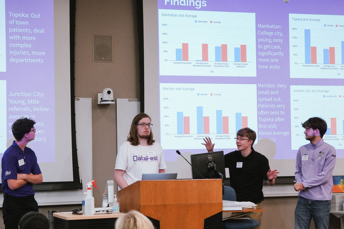 Four students stand in front of a presentation with red and blue analytics on a purple background.