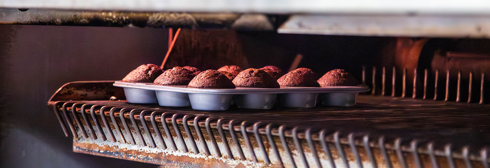A tin of chocolate muffins finishes baking in an oven.