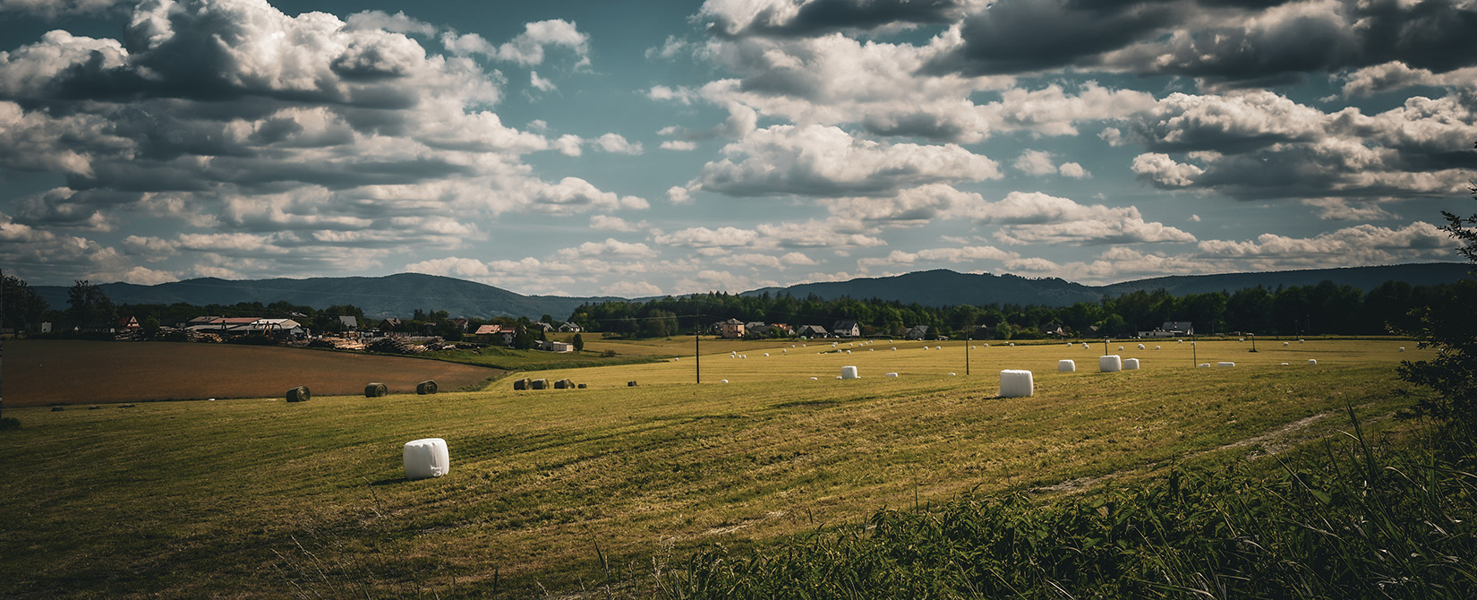 A field with some wrapped haybales is shown with mountains in the distance and a blue sky with many clouds overhead.