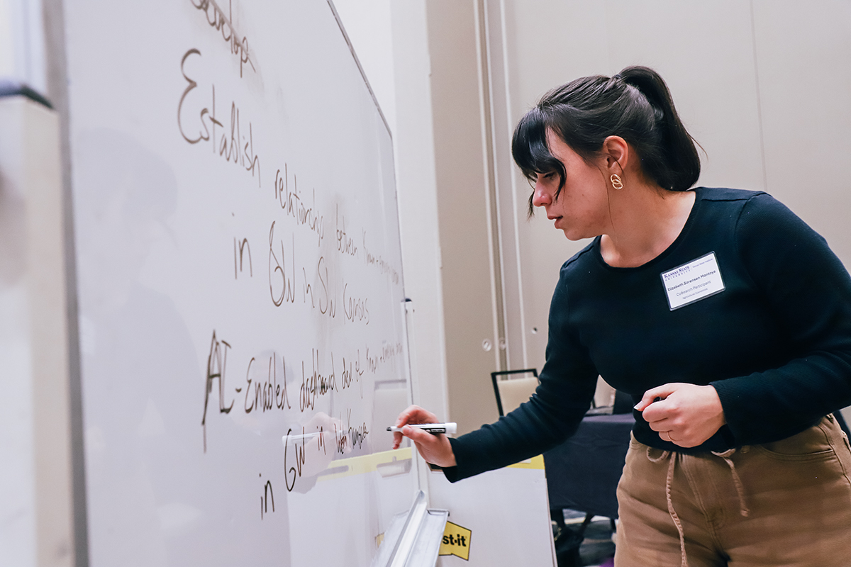 A woman writes with a marker on a whiteboard.