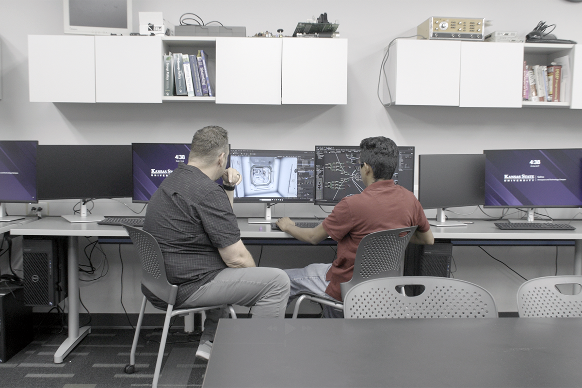 A couple of college faculty work on a computer.