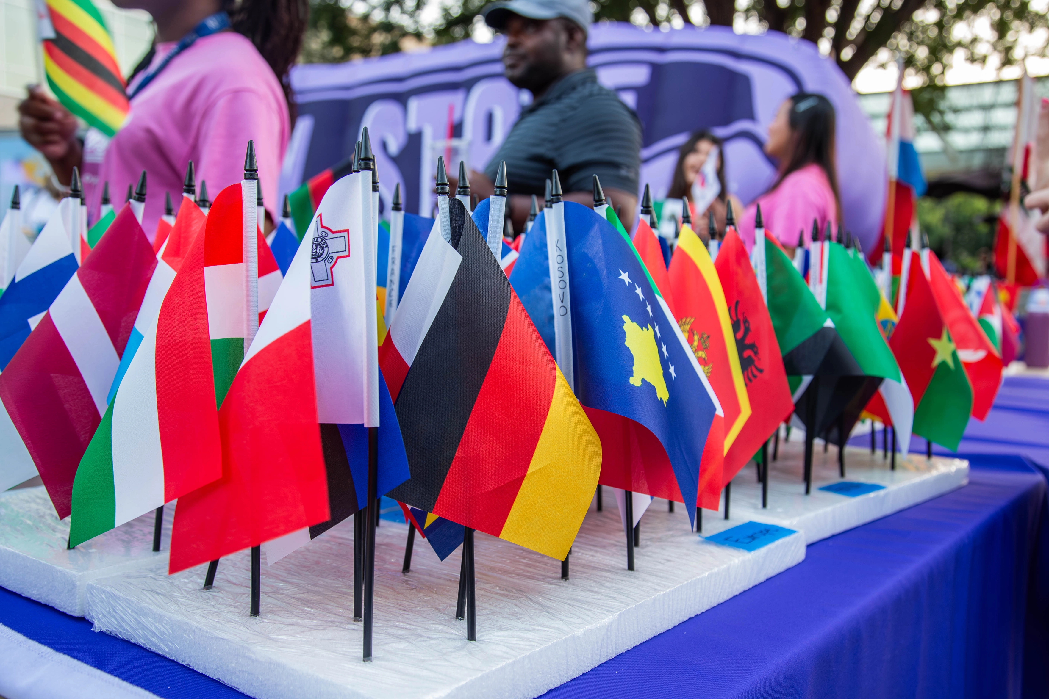 Different mini flags of different countries sitting on a table.&nbsp;