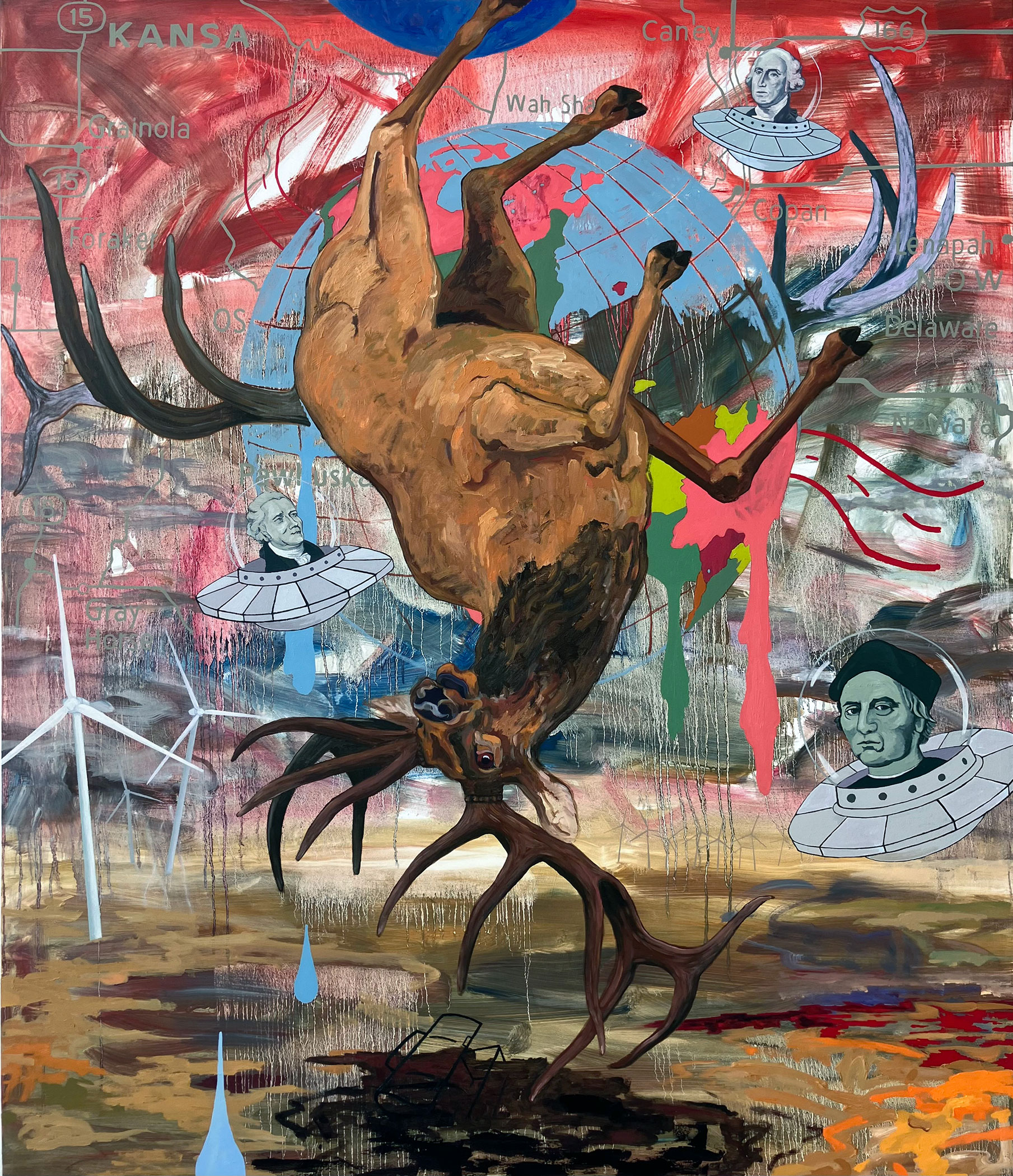 A painting by Normal Akers features an upside down elk or deer in front of a colorful, dripping globe with various historical figureheads circling in spaceships and other abstract visuals of windmills, rain, and a Kansas map.