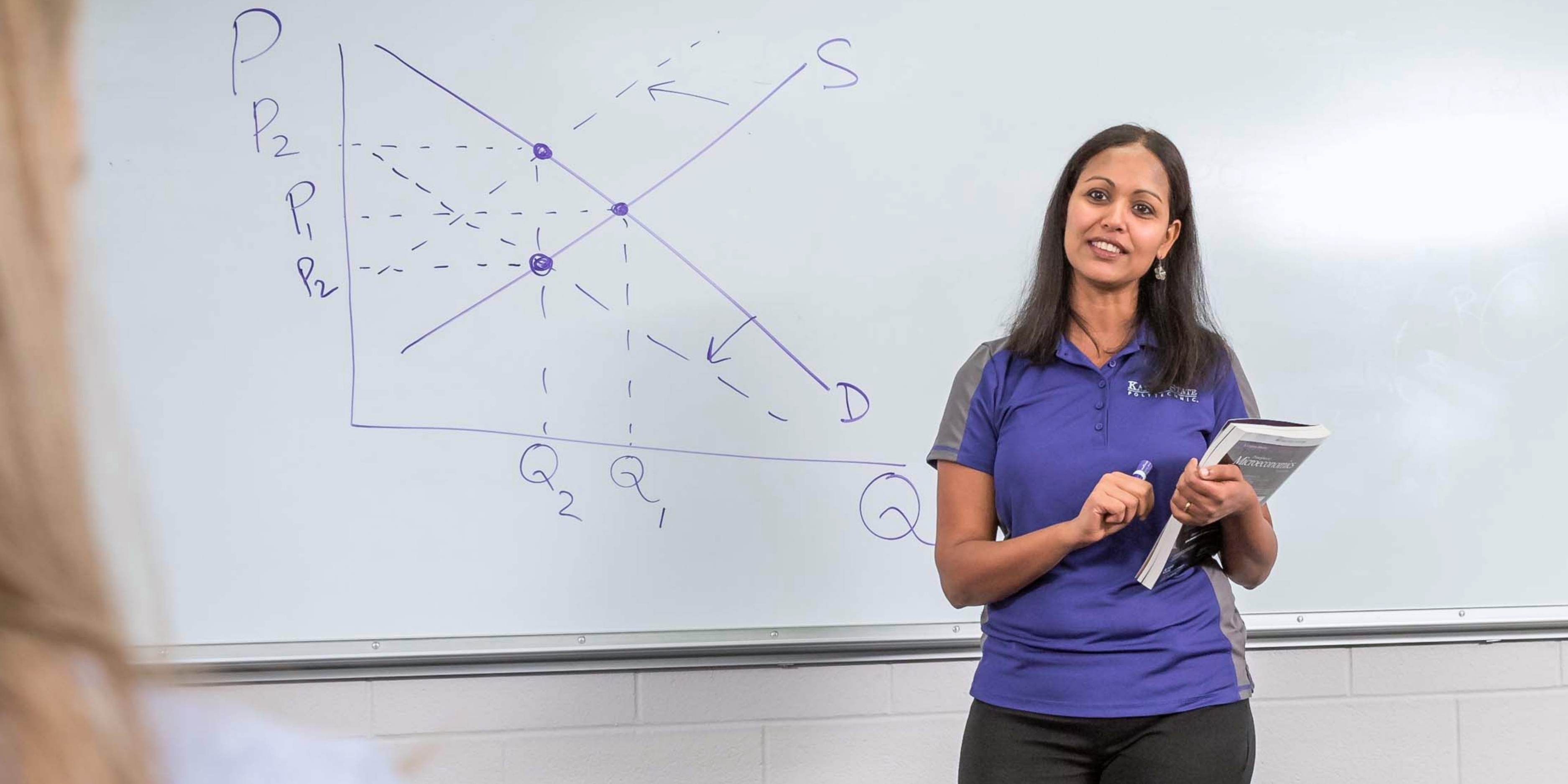 Siny Joseph, wearing a purple and grey K-State polo shirt, stands smiling in front of a white board. The board showcases a supply-and-demand model graph written in purple marker.