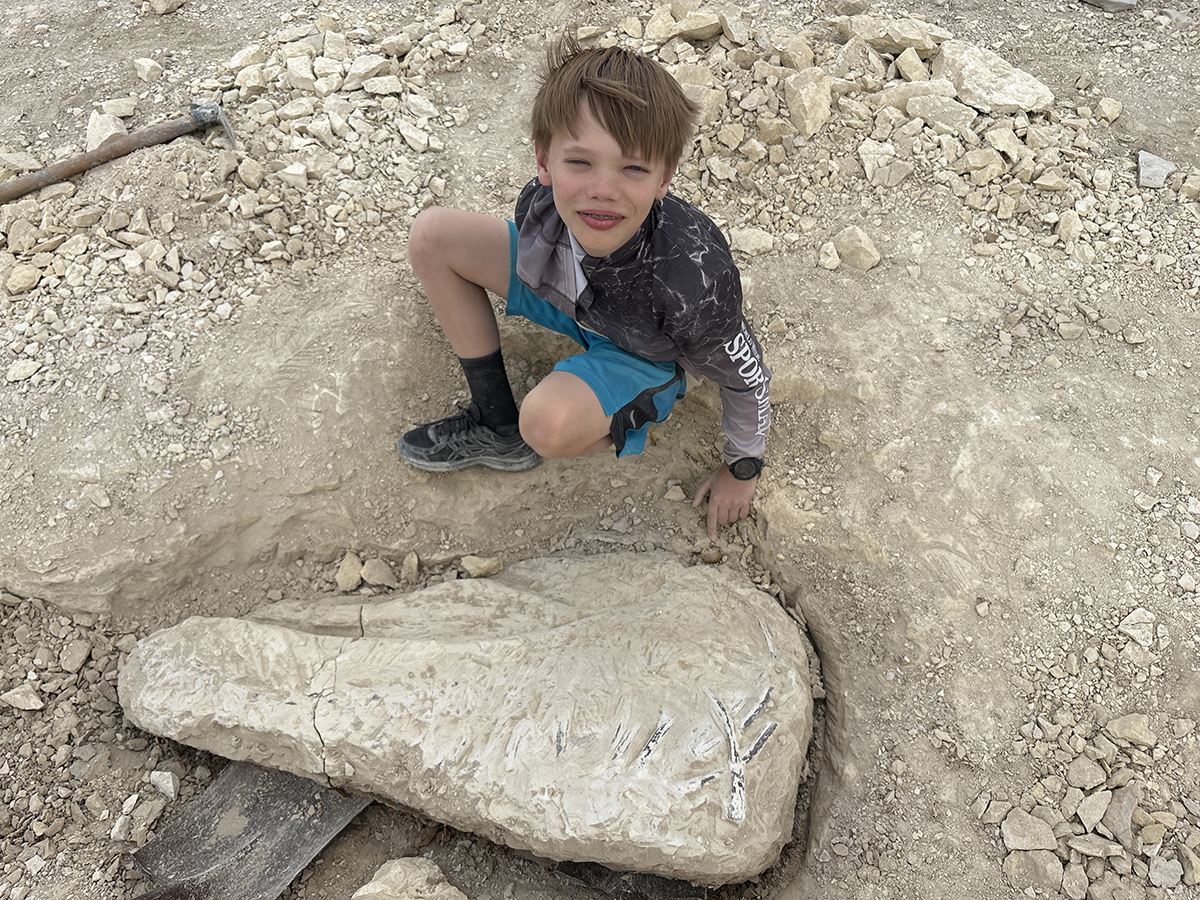 A young boy in a long-sleeve shirt sits among rocks with a large fossil exposed in the ground in front of him.