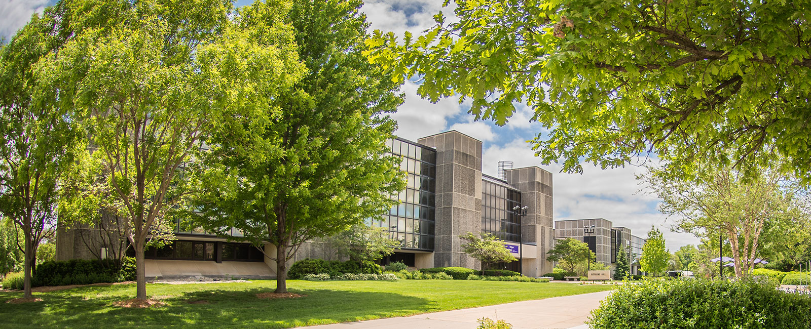 A gray concrete college academic building peaks out from beneath green trees.
