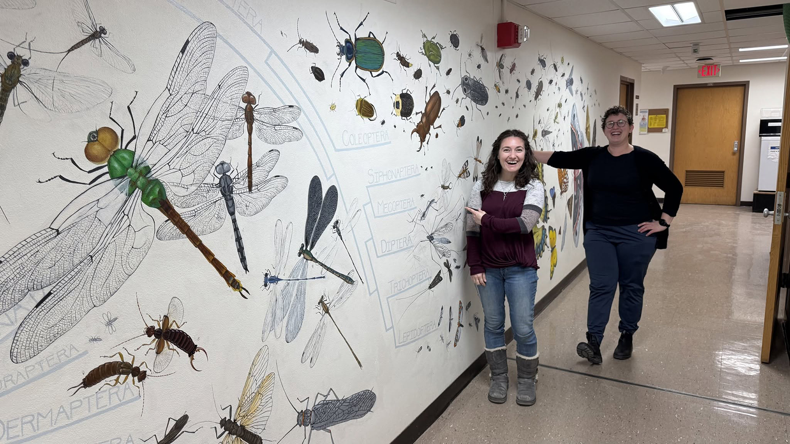 Smiling curly haired student points to mural with short haired faculty member with glasses leans and smiles. The mural contains different insect species grouped by their taxonomic order. A variety of insects can be seen from dragonflies, beetles and earwigs in the foreground to mosquitoes, butterflies and bees in the background.