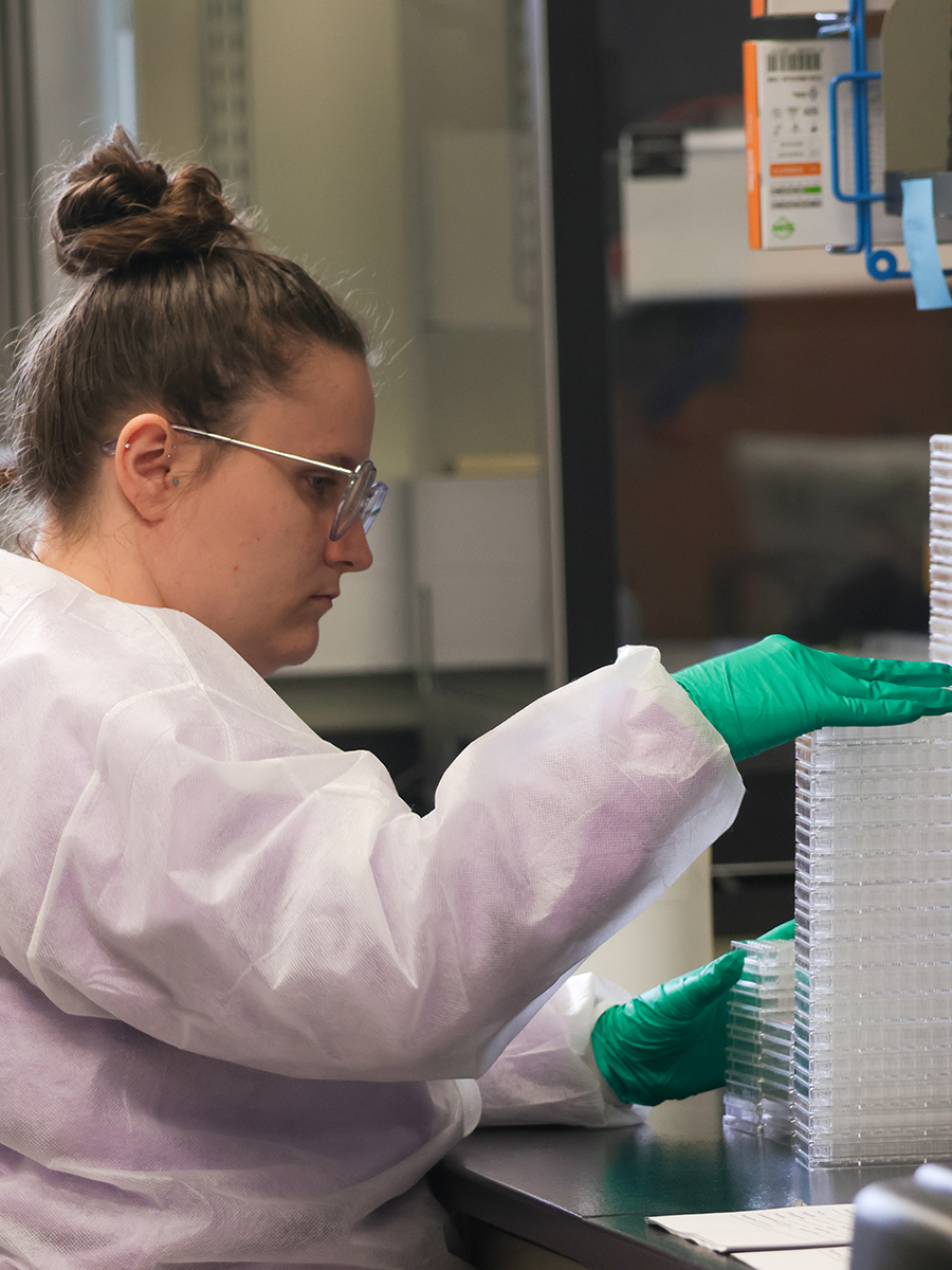 A diagnostic technician stacks plates of plastic sample holders in a laboratory.