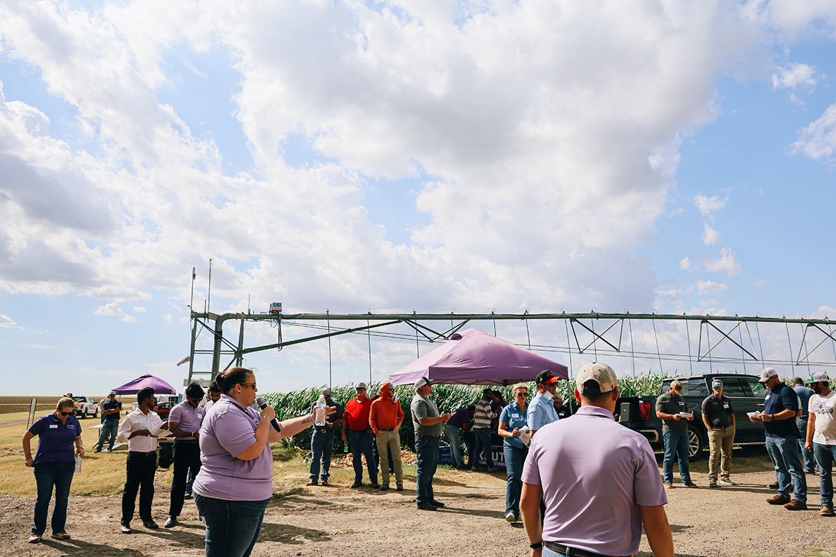 A woman gives a presentation with a microphone outdoors next to a field of corn.