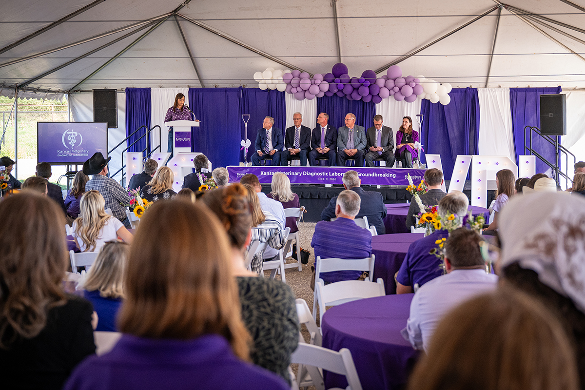 A crowd listens to a speaker on a stage under a large purple and white canopy outdoors.
