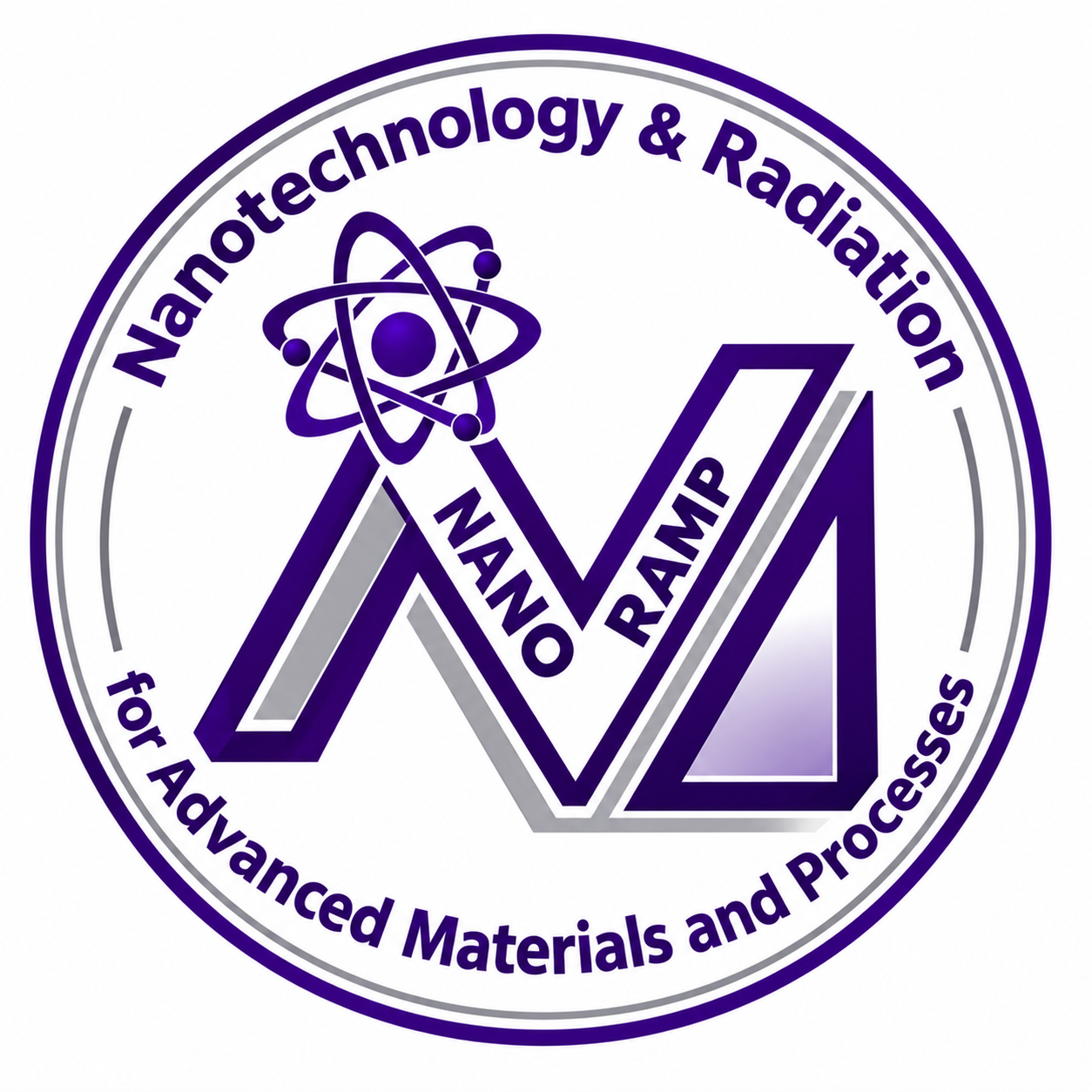 A circular graphic with what looks like an N and a triangle together with the words NANO RAMP written near an atom. Around the edge of the graphic reads the lab's name: Nanotechnology and Radiation for Advanced Materials and Processes.
