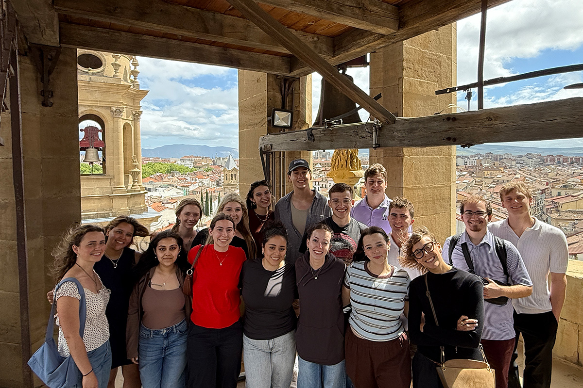 K-State students touring the belltower of Pamplona's central St. Mary's Cathedral