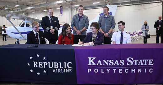 The Kansas State University Polytechnic Campus signs an agreement with Republic Airline to become a university partner in its Aviation Career Pipeline Interview Program. 
