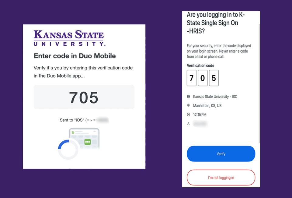 Two Duo promts showing three-digit codes on a purple background