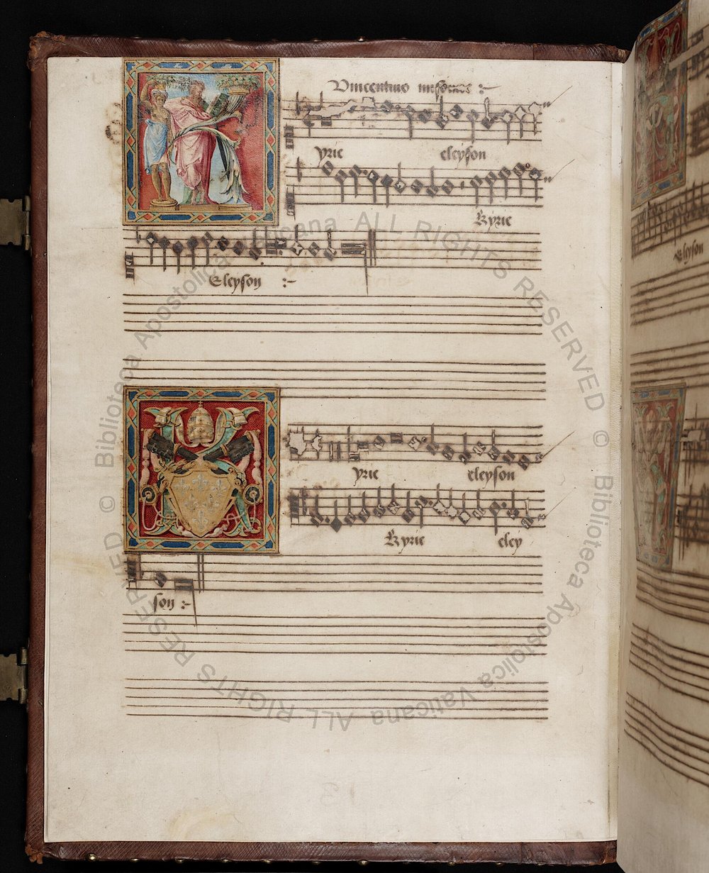 A scanned page of an old, 16th-century manuscript shows lines of musc notation, along with ornate, colorful pictograms showing a man in a robe and a crest.
