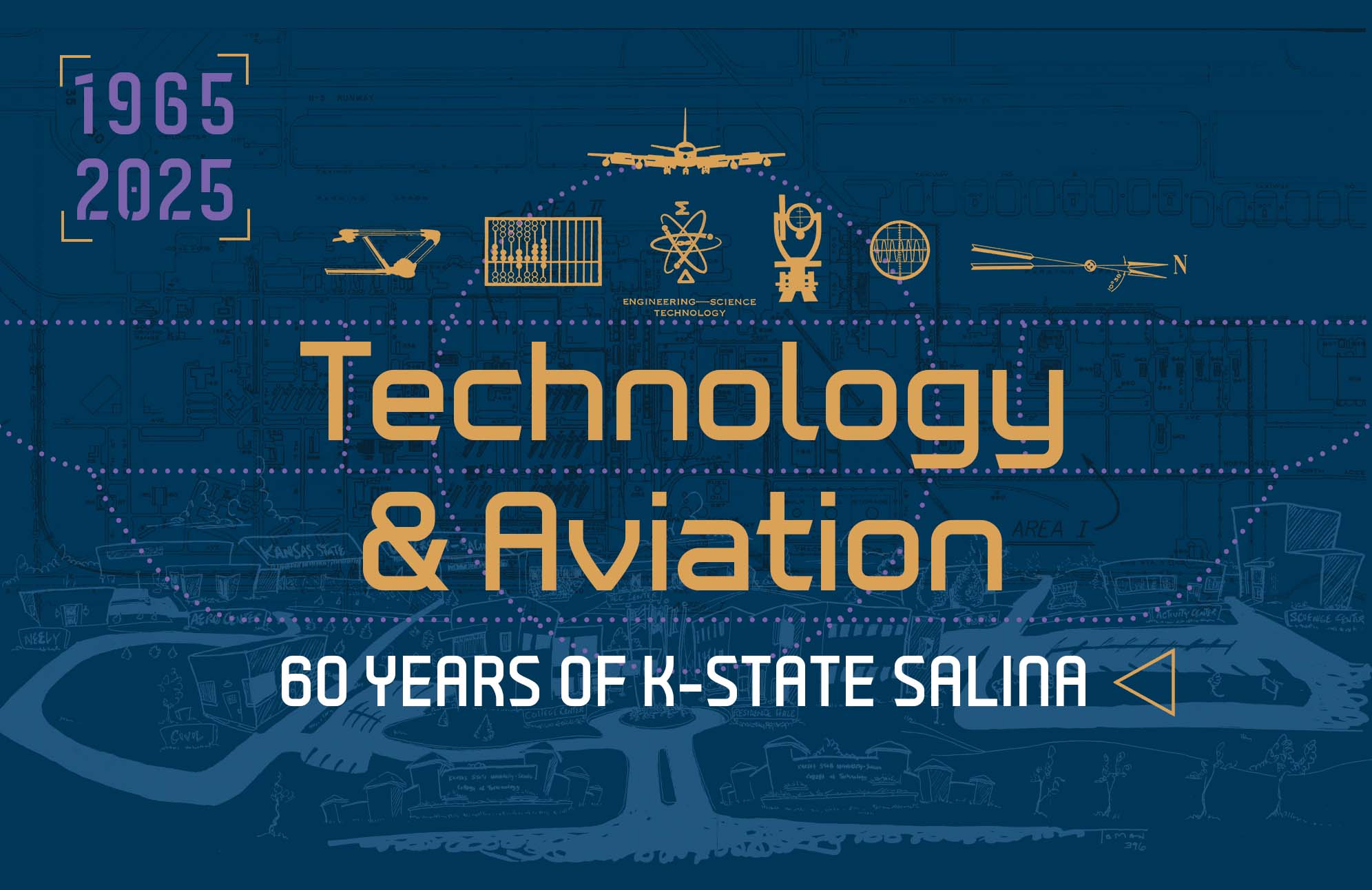 A graphic with various aeronautical icons announces the "Technology and Aviation: 60 years of K-State Salina" exhibit.