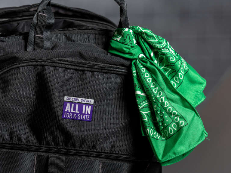 A closeup shows a green bandana tied around the top loop of a black backpack.