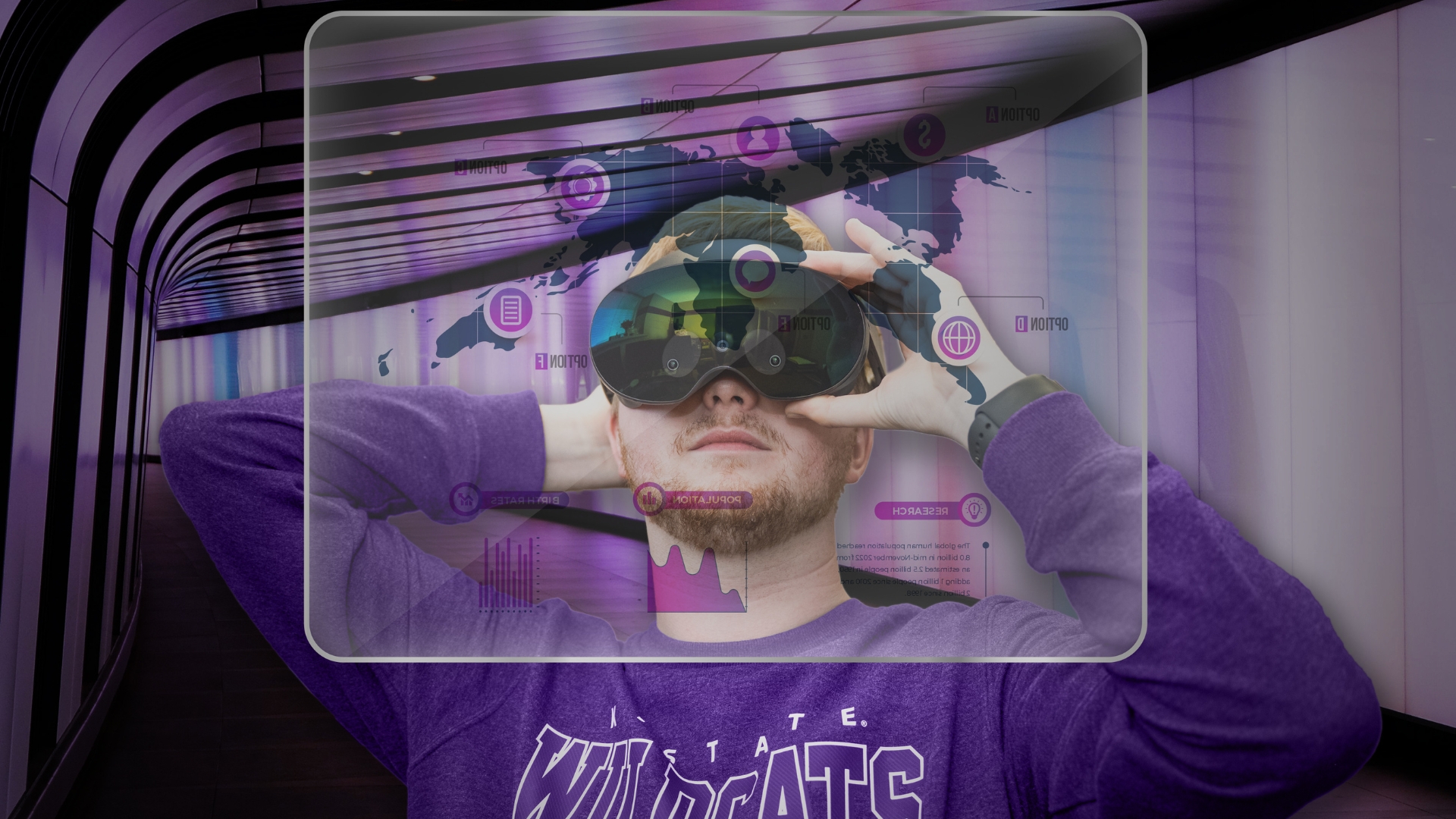 A student in a purple shirt wears an immersive headset that shows different icons reflected as if the student is currently looking at them