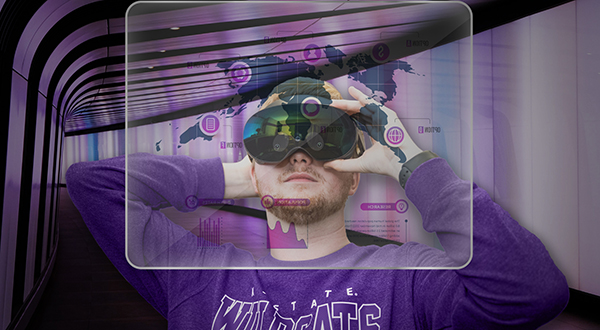 A student wearing a VR headset that appears to be projecting options in front of the student's face