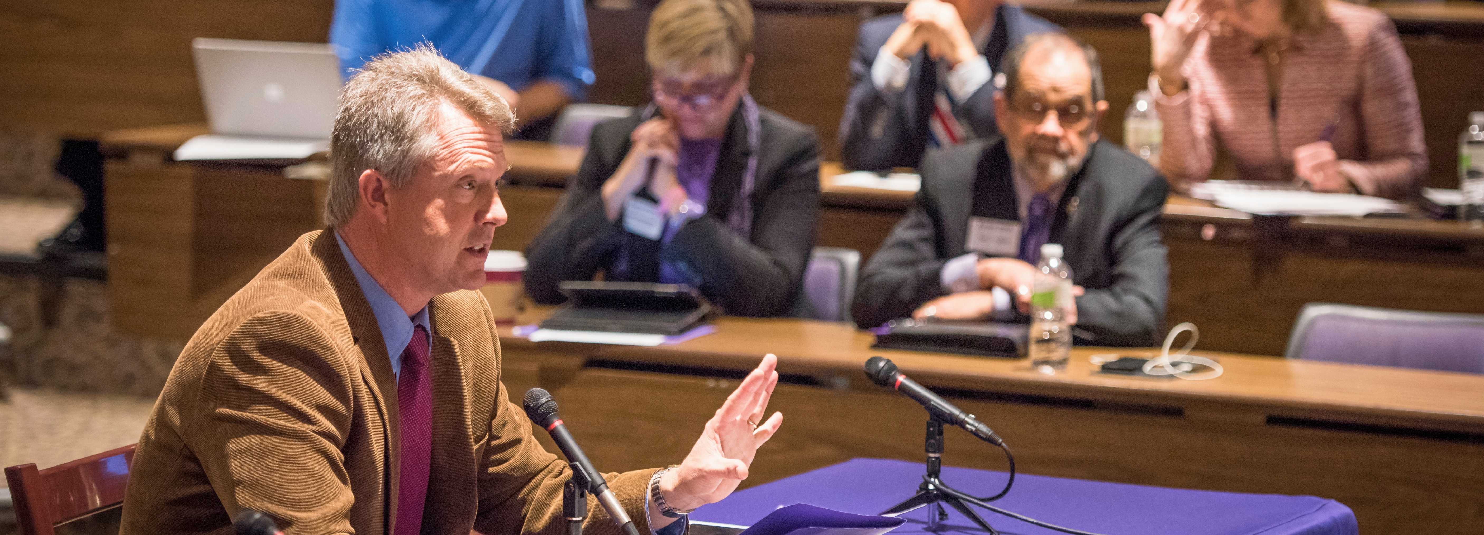 Former Senate Majority Leader Tom Daschle speaks at Kansas State University during agrodefense discussions with the Blue Ribbon Study Panel on Biodefense. 