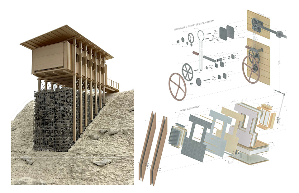 A graphic shows a strcture on piers holding back rocks.