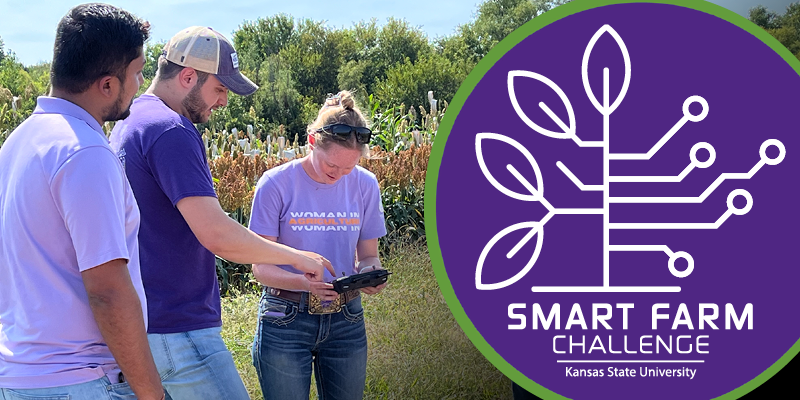 Three students in purple shirts stand in a field and look at technology on the left side of the image, and a purple graphic on the right side says Smart Farm Challenge Kansas State University with a symbol representing leaves and technology