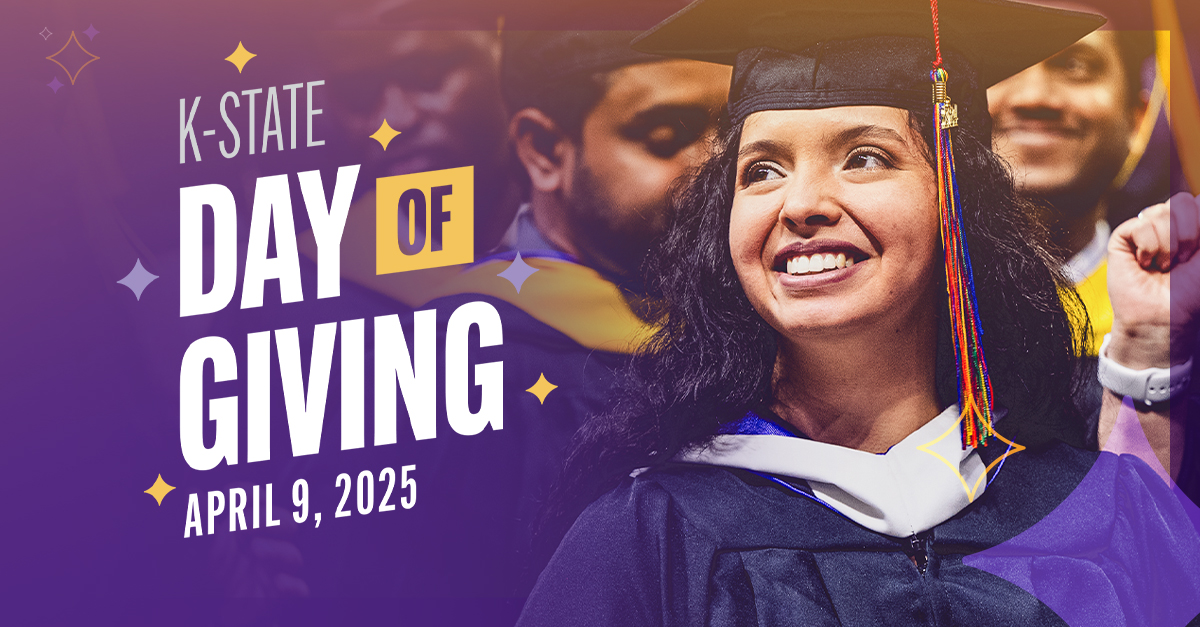 A graphic advertising K-State Day of Giving featuring a smiling graduate in cap and gown