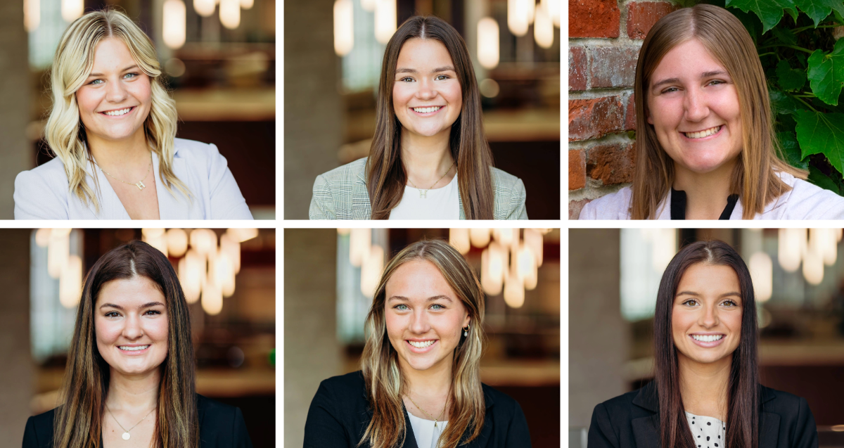 A grid of six portrait photos of women in suit jackets smiling.