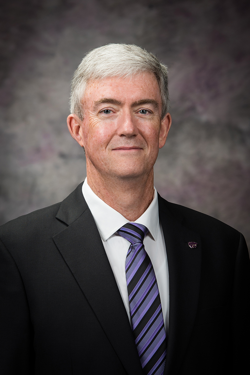A man with gray hair wearing a suit with a purple tie and a Wildcat pin smiles for a portrait photo.